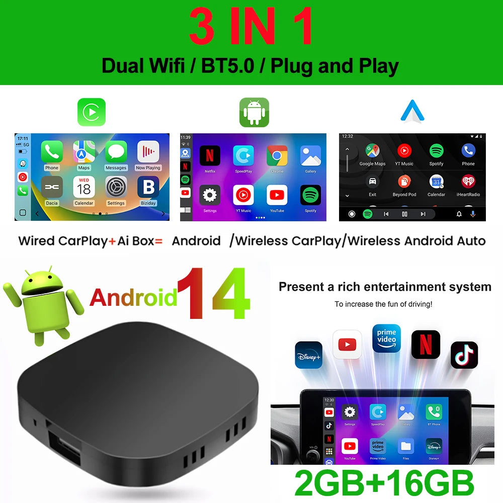 Android 13 Wireless CarPlay AI Box with Streaming Apps