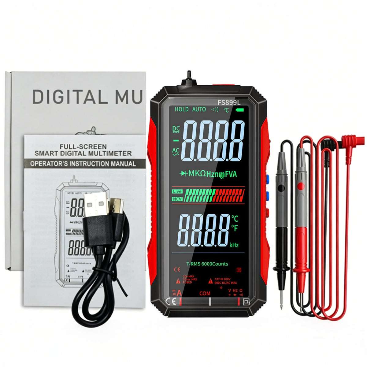 Digital Multimeter 4.8'' Full Color LCD 6000 Counts Auto-ranging Multimeter with Rechargeable Battery for Electronics Testing