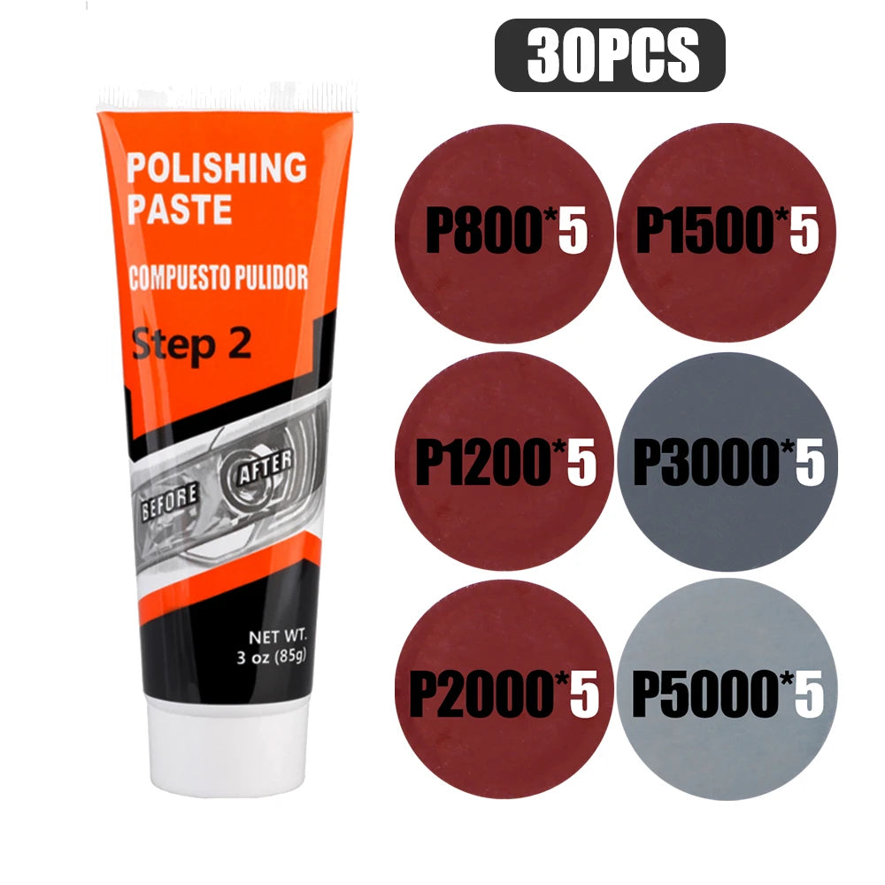 Car Headlight Restoration Kit with Polishing Paste, Sanding & Wax