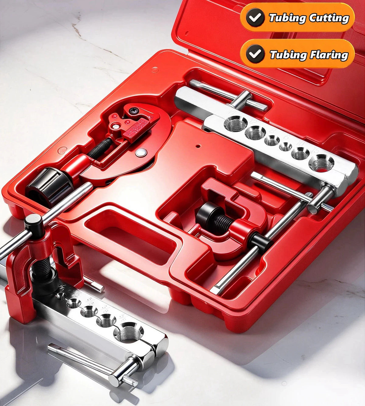 Metric 6-15mm,3/16-5/8inch (Imperial) Tube Pipe Flaring Tool Kit with Copper Plastic Aluminum Pipe Cutter Expander with Jig