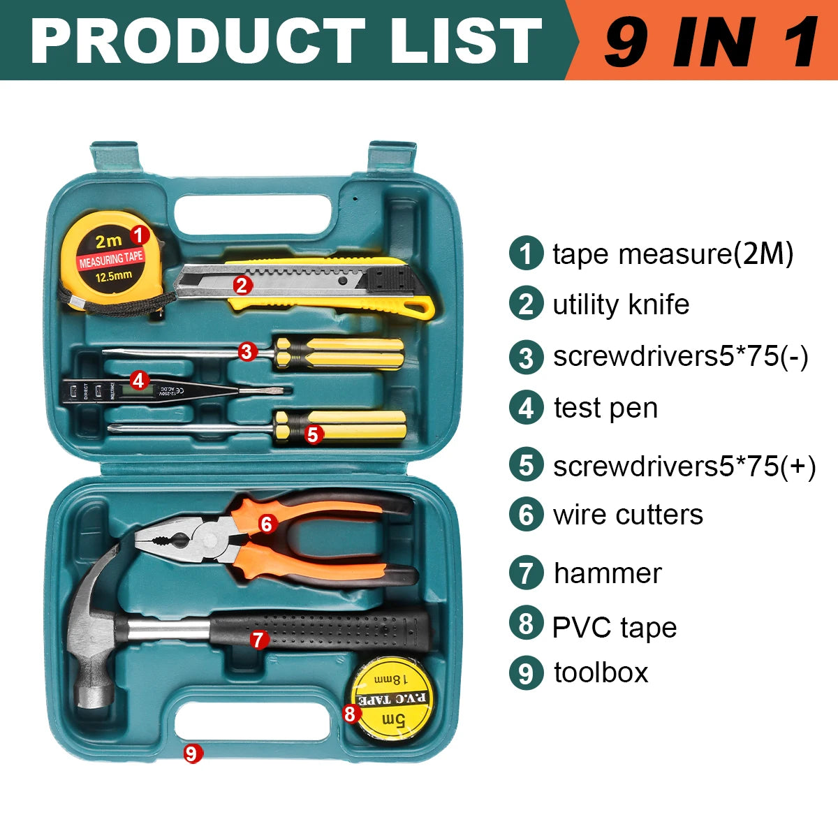 Household Hand Tool Kit 8/9/12/13 Pcs with Plastic Storage Case