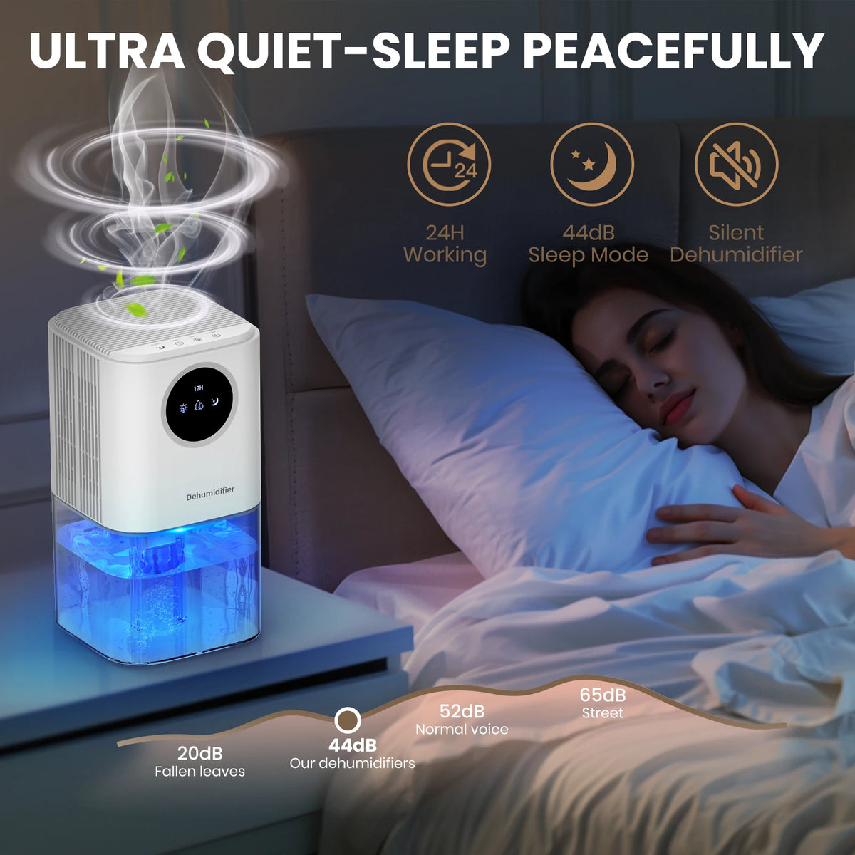 Silent portable dehumidifier 35oz with night light and timer for bedrooms