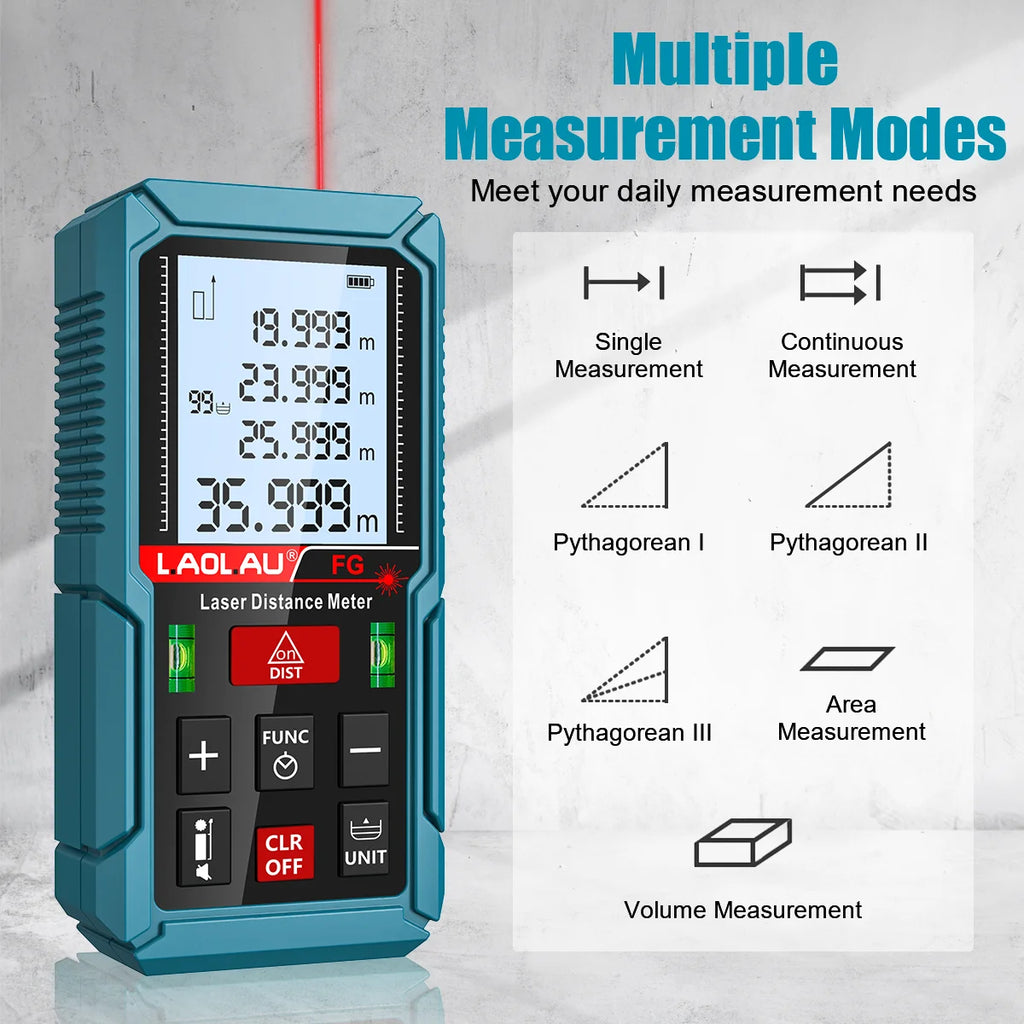 Laser Meter Digital Tape Timer Trigger Measure Tools 50m 100m 150m Laser Distance Meter Bubble Level Handheld Laser Rangefinder