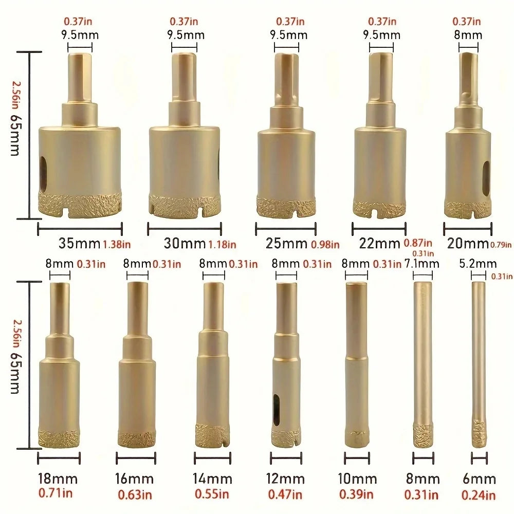 12pcs Diamond Drill Bit Set for Glass, Marble & Stone - 6-35mm Hole Saw Kit with Hand Tools, Granite, Tile, Ceramic