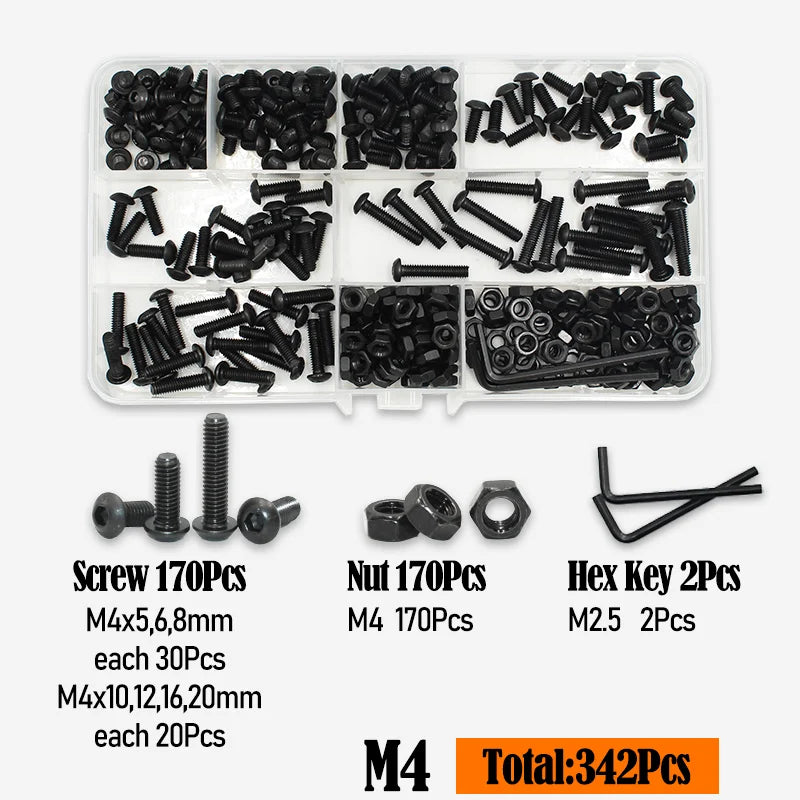 Black Button Head Hex Socket Screw Kit M2-M6 with Nuts and Washers