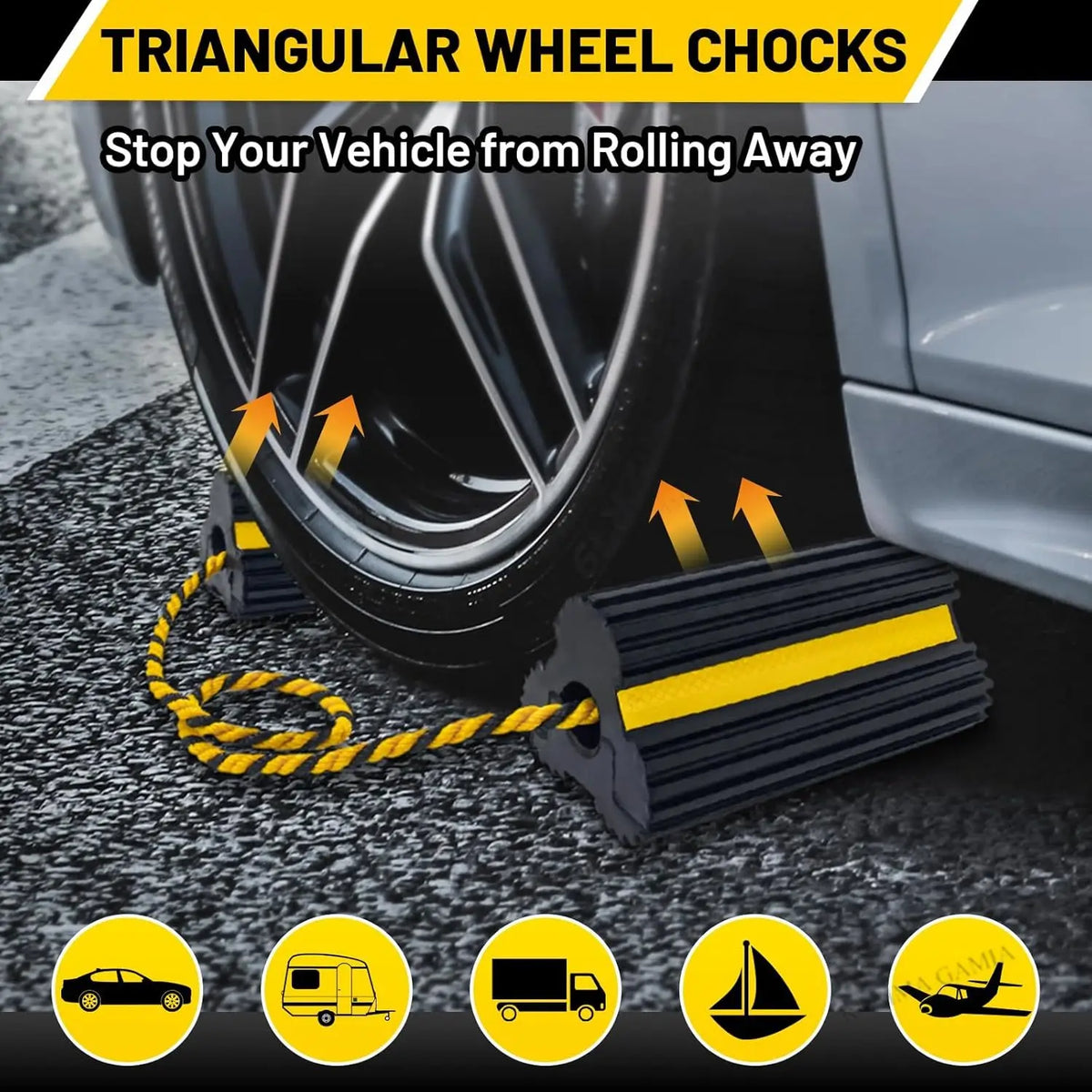 Heavy Duty Rubber Wheel Chocks Yellow Reflective Stripes for Small Airplane RV Truck Trailer