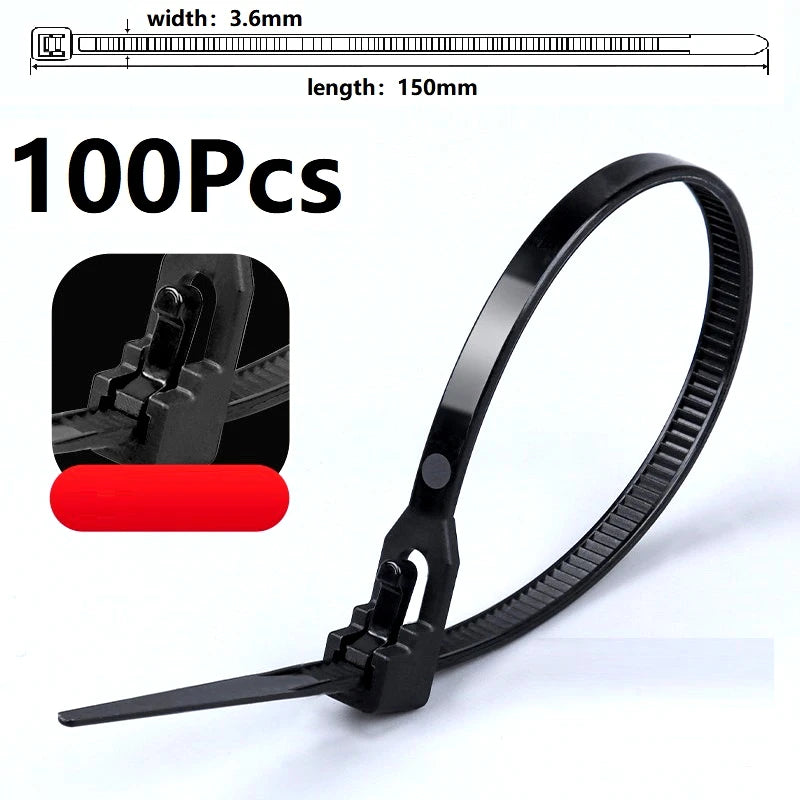 100 Reusable Cable Ties Nylon Cable Lock Loop Removable Mixed Colours Black White