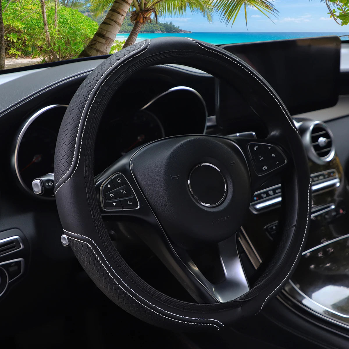 Embossed PU Leather Steering Wheel Cover, 14.5-15 Inch