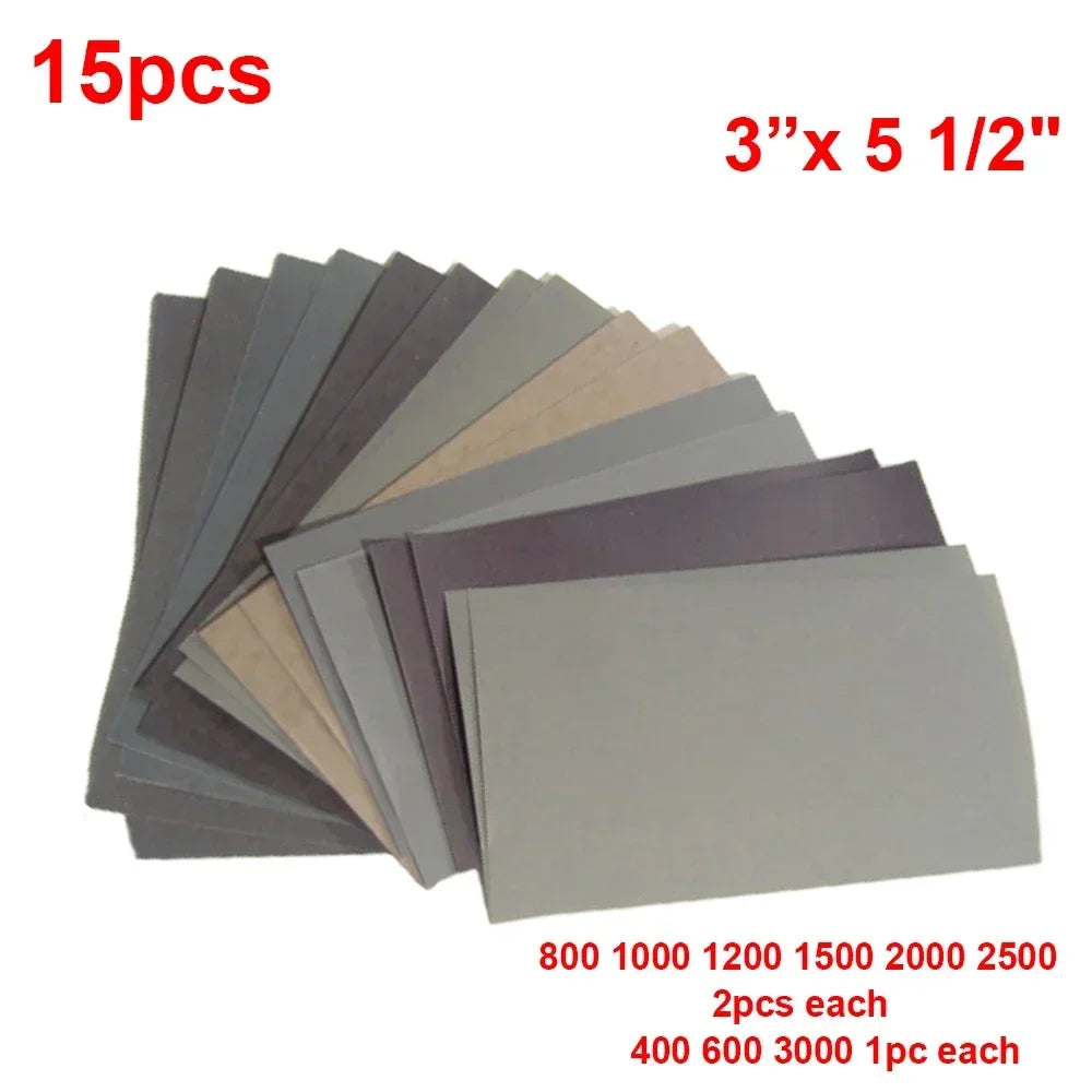 15-Piece Wet/Dry Sandpaper Set – 400 to 2500 Grit