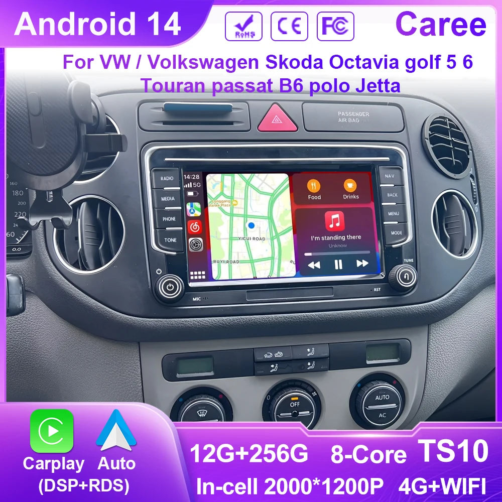 7" Android 14 Double DIN GPS Car Stereo with Android Auto for VW Skoda