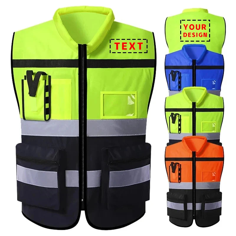 Custom Logo Two-Tone Work Vest with Pockets & Zipper