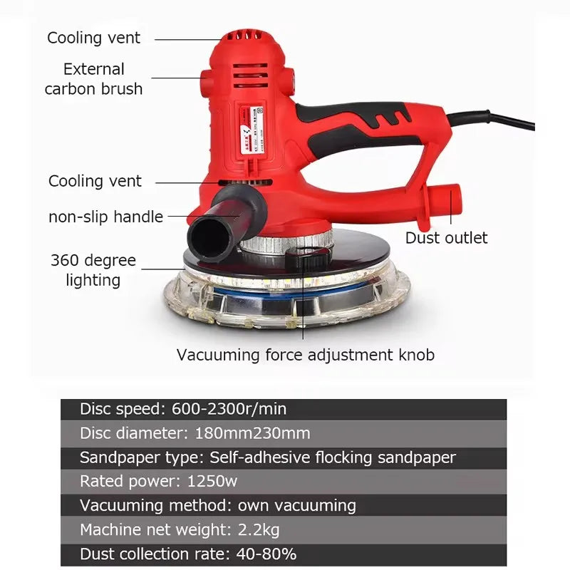 Electric Drywall Sander 1250W Wall Grinder Dustless Wall Sanding Machine Wall Putty Sander Self-absorbing Wall Polishing Machine