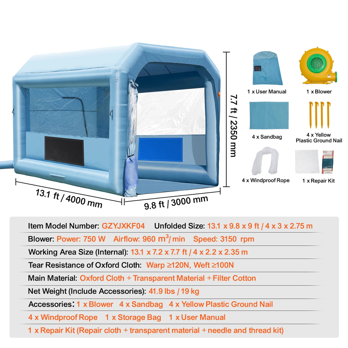 Inflatable Portable Car Paint Spray Booth with Blowers and Air Filter