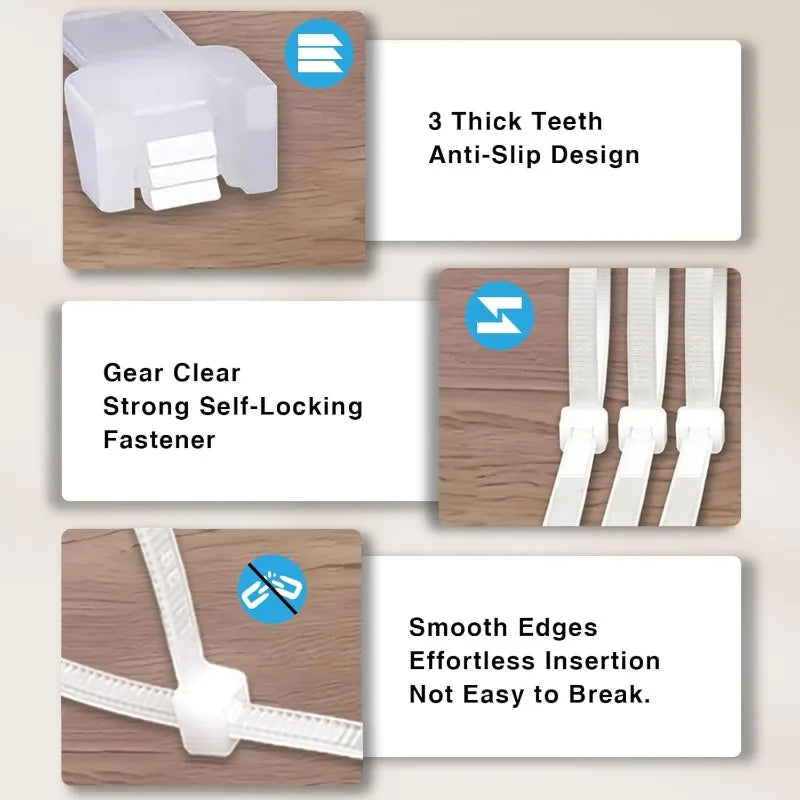 100-Piece White Zip Ties – UV Resistant, Assorted Sizes