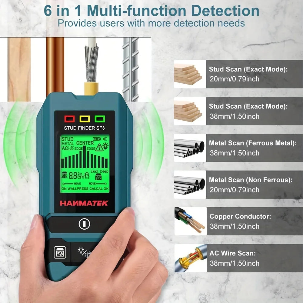 HANMATEK SF3 Stud Finder Wall Scanner Detector Tool for The Center Edge of Metal, Studs, AC Wire, Pipe
