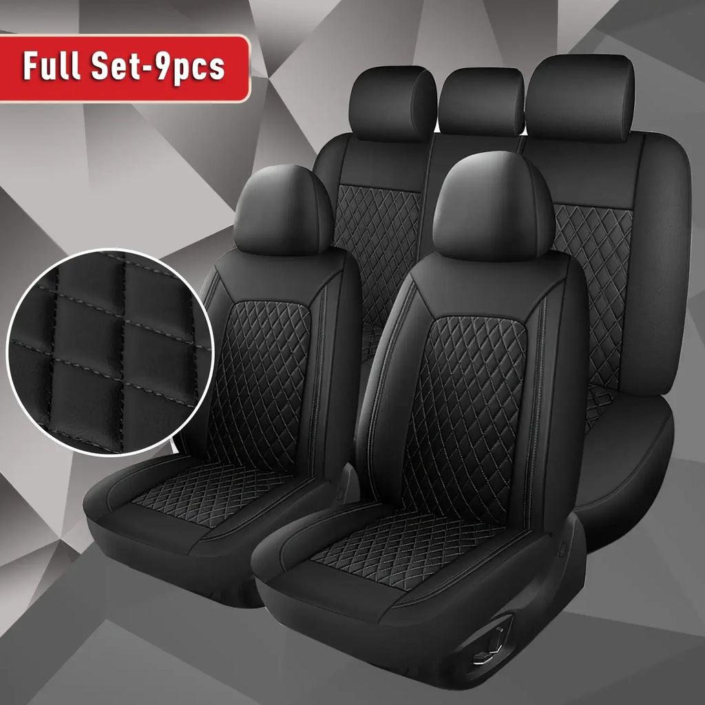 Quilted PU Leather Car Seat Covers, Full 9-Piece Set