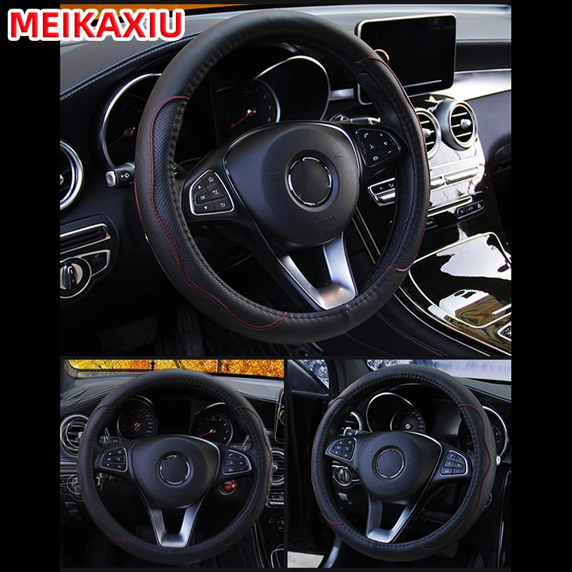 38 cm Embossed PU Leather Steering Wheel Cover with Inner Ring