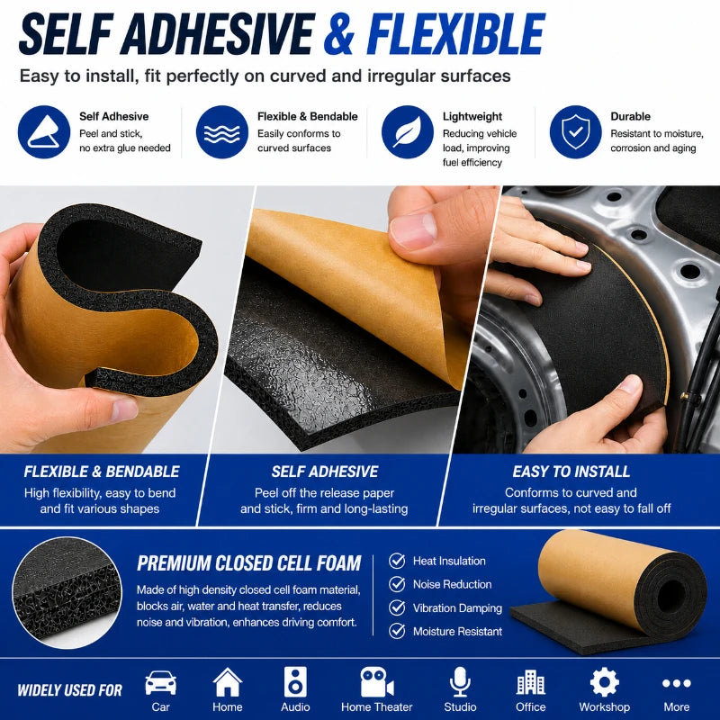 Self adhesive closed cell foam roll, car heat and sound insulation 5 to 20mm