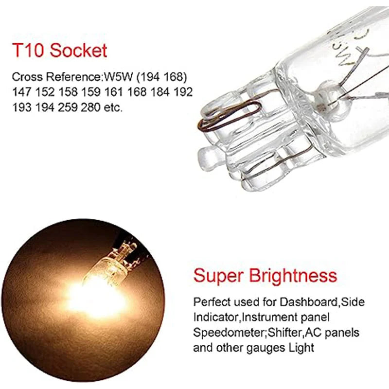 T10 W5W 194 501 Glass Wedge Car Bulbs 12V 5W, 10 Pack