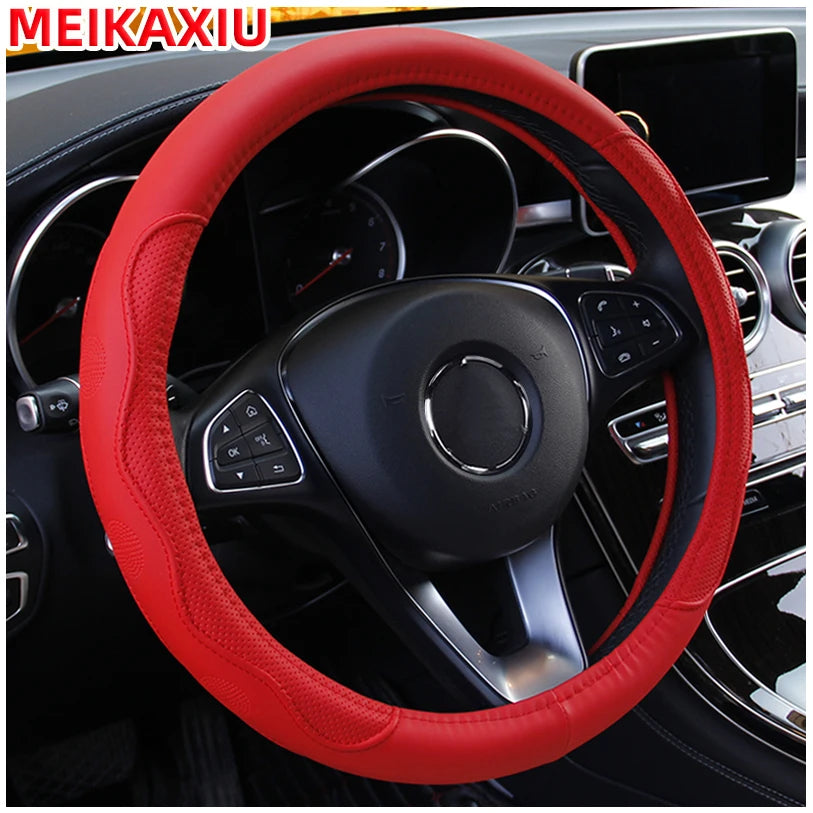 38 cm Embossed PU Leather Steering Wheel Cover with Inner Ring