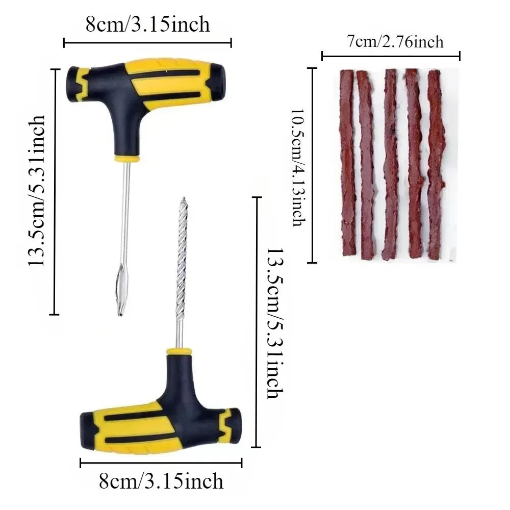 Universal Tubeless Tire Repair Kit - Emergency Puncture Tools W/Rubber T-Plugs for Car/Motorcycle On-Road Vacuum Seal