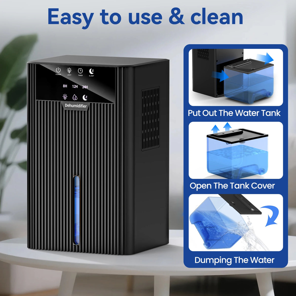 Portable home dehumidifier with 2200ml tank, large capacity damp remover