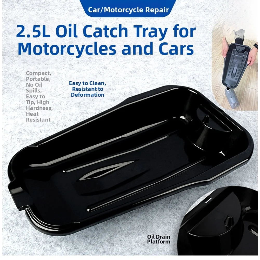 2.5L Oil Drain Pan For Motorcycle And Car Leakproof PP Plastic Oil Collection Tray With Spout Black