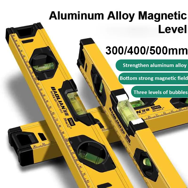 Spirit Level Aluminum Alloy Magnetic Level Ruler 180/90/45-Degree Bubbles Measuring Leveler Tool With Shock Absorbing End Caps
