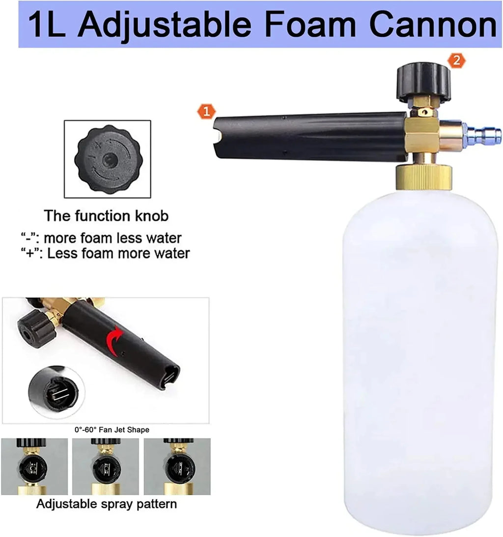 1L car wash foam gun, adjustable high pressure soap foamer with quarter inch connector