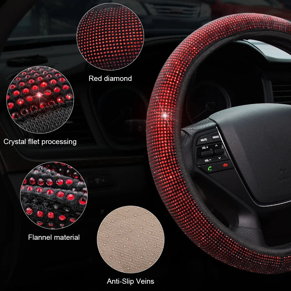 38cm Rhinestone Steering Wheel Cover with Anti-Slip Inner Ring