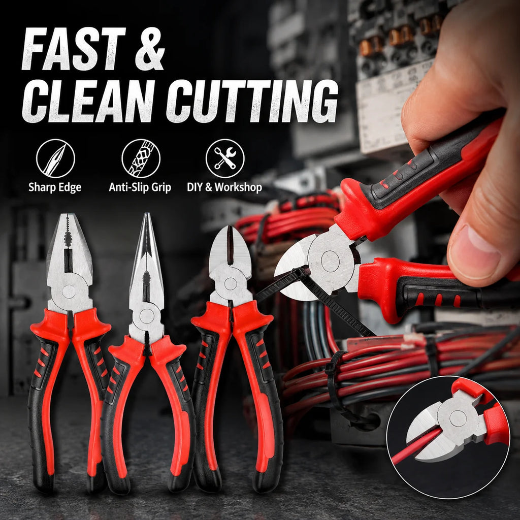 3 Types Pliers Set, Heavy Duty Combination Long Nose Diagonal Cutter Pliers, Wire Cutting Gripping Tool Kit for DIY Repair