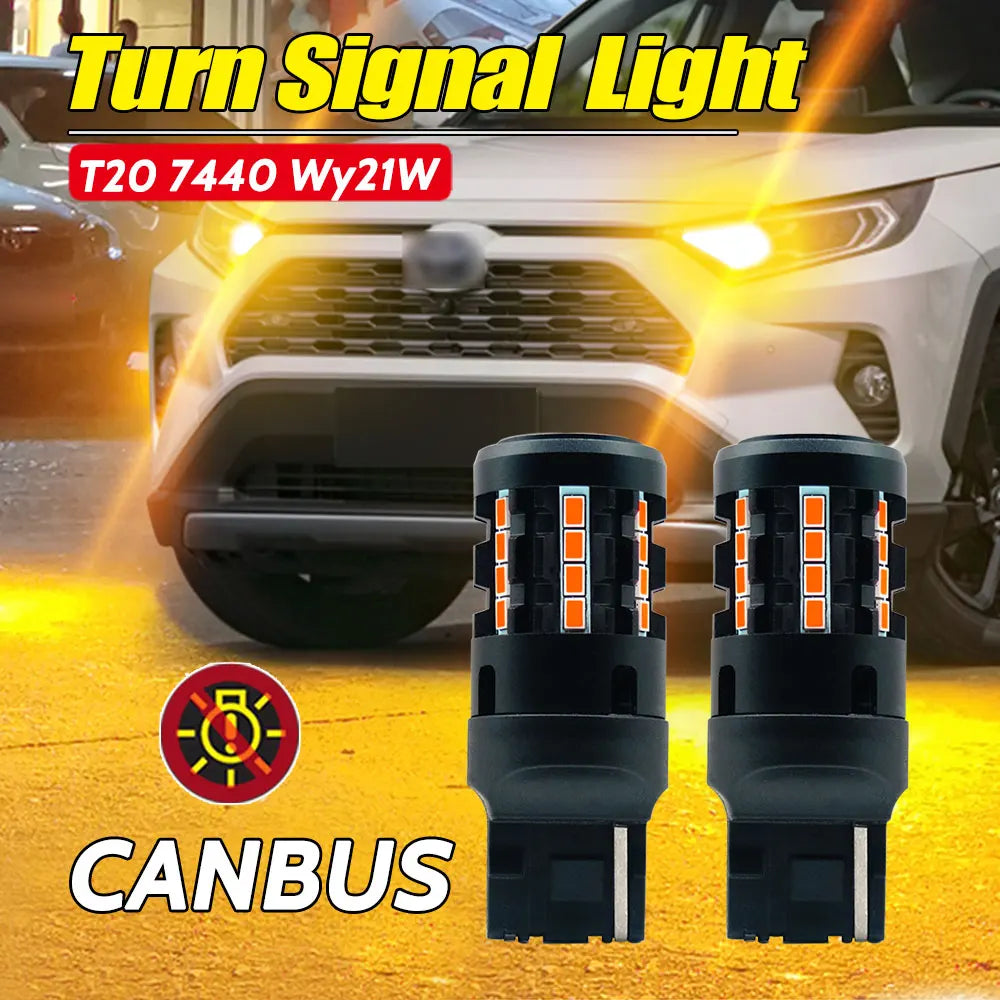 2Pcs T20 7440 7440NA W21W WY21W LED Bulb Amber Yellow Canbus Error Free No Hyper Flash Blinker Lamp For RAV4 Turn Signal Light