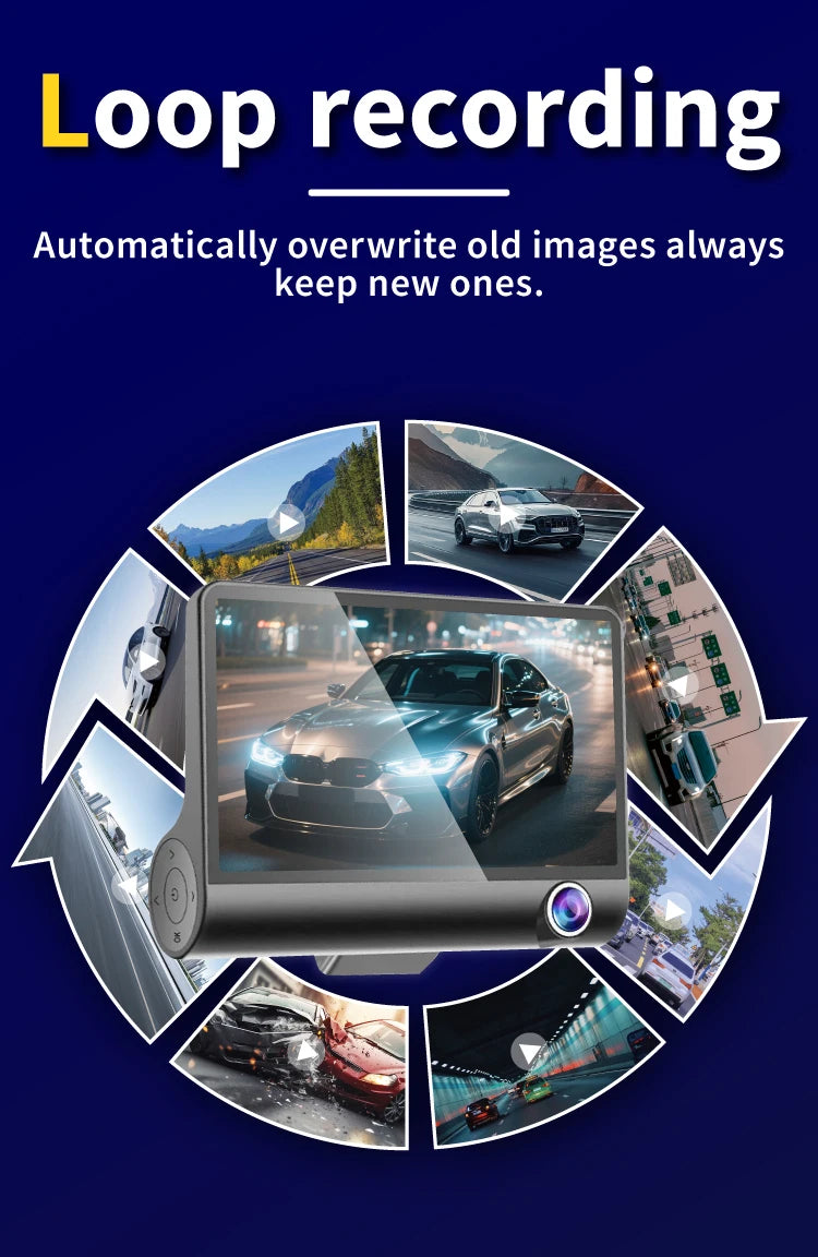 3-Camera Dash Cam with Front, Interior, and Rear Views