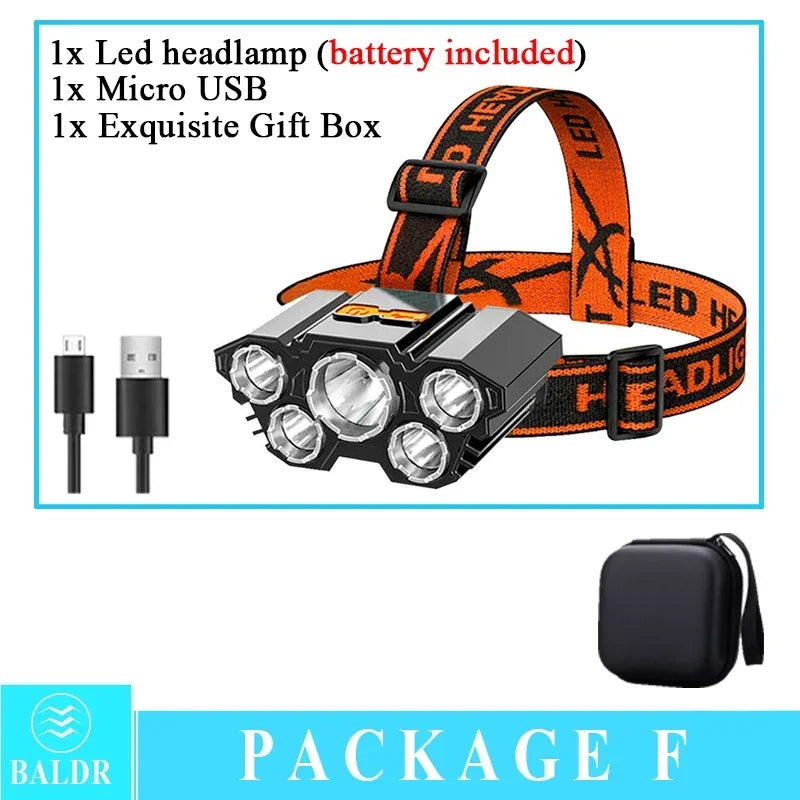 USB Rechargeable 5 LED Headlamp with Built-In Battery, Portable Work Light