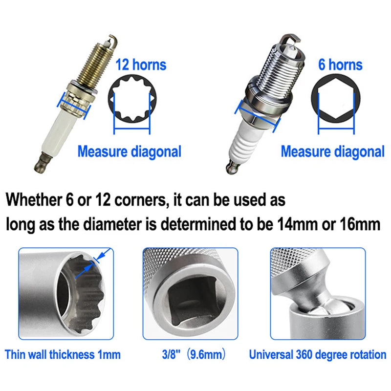 Spark Plug Universal Sleeve Wrench 3/8 Inch Socket Magnetic 12 Point Angle Thin Wall Ignition Plug Car Removal Tools 14mm 16mm