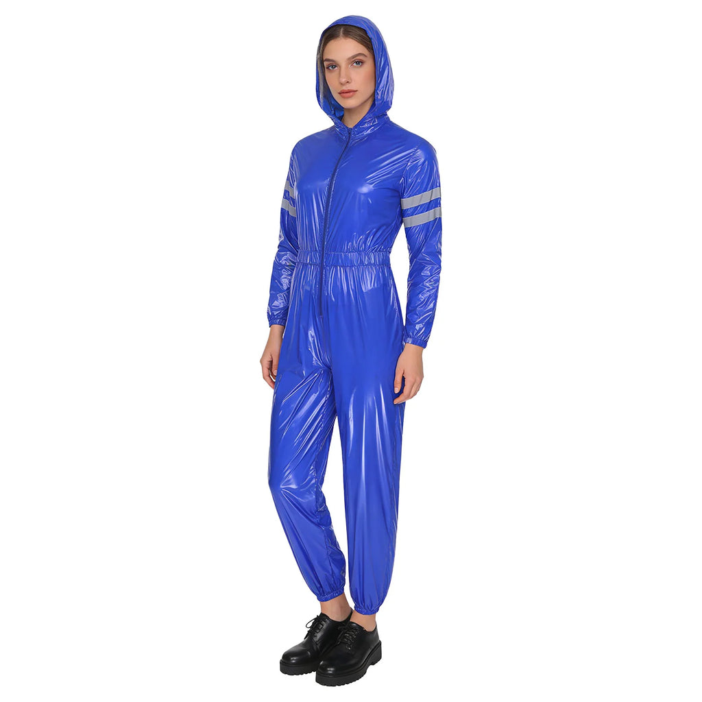 Womens Water Resistant Hooded Coveralls High Visibility Reflective Strips Long Sleeve Front Zipper Work Overalls for Workshop