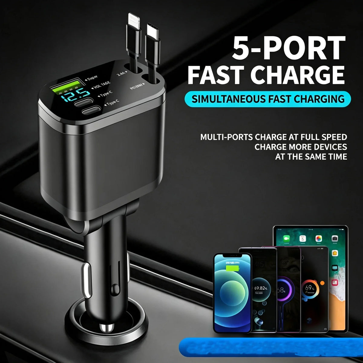 Car Charger with Digital Display and Retractable USB-C Cable