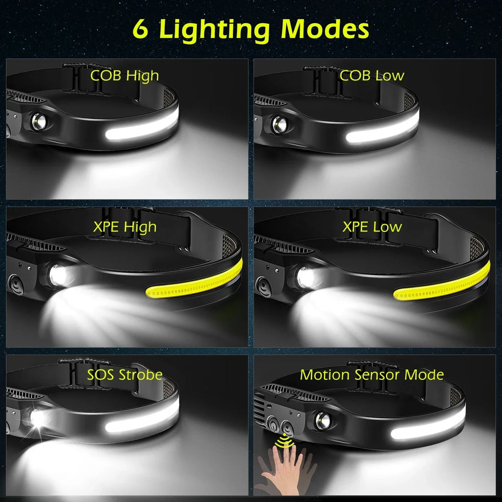 USB Rechargeable LED Sensor Headlamp COB Headlight Head Torch Work Light Waterproof Headlamp for Fishing Camping Lantern
