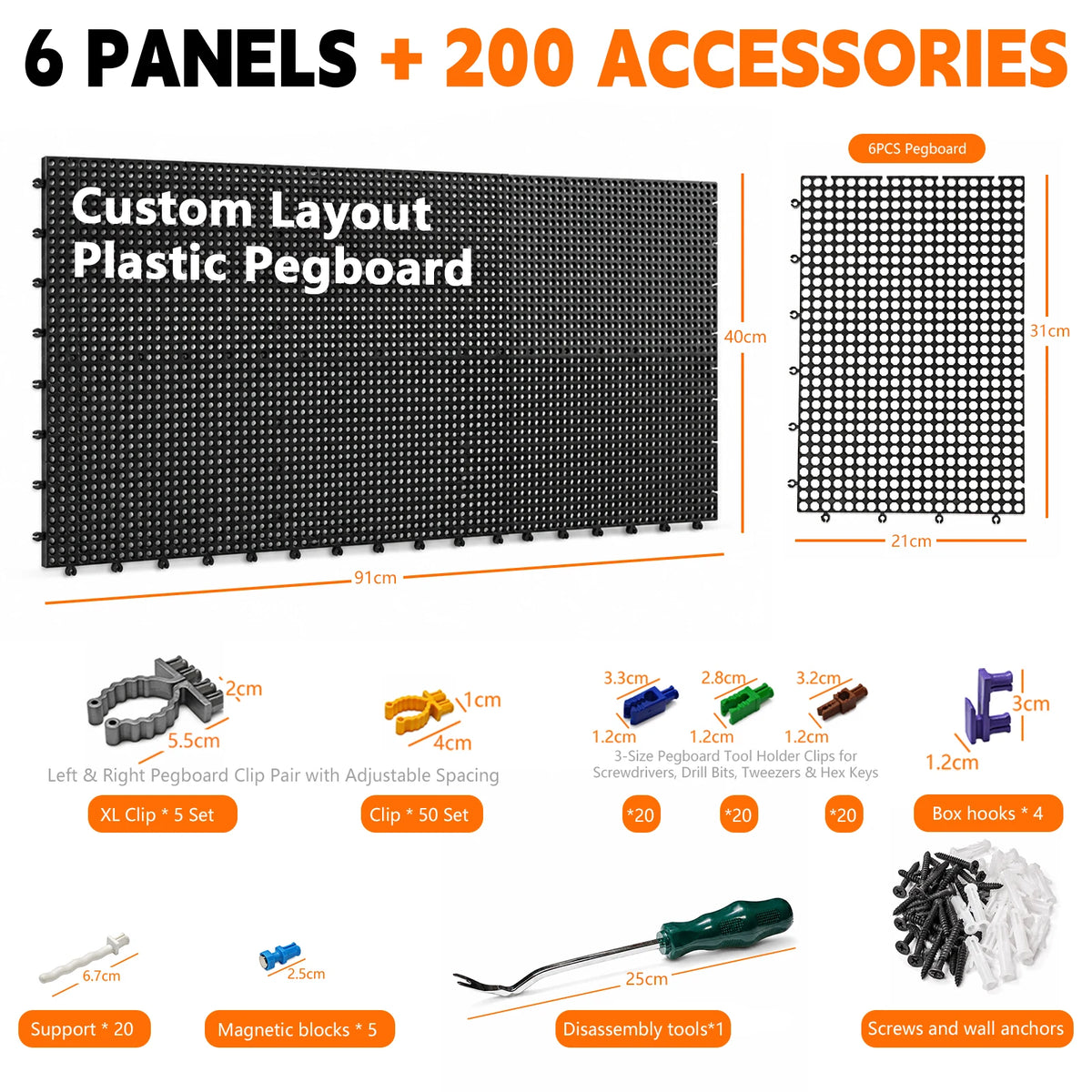 Plastic Pegboard Wall Organizer Kit, 6 Black Panels 91 X 40cm, 200 Accessories with Hooks, Clips & Holders, Modular Tool Storage