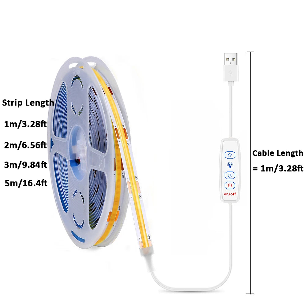USB 5V COB LED Strip Light with Dimmer
