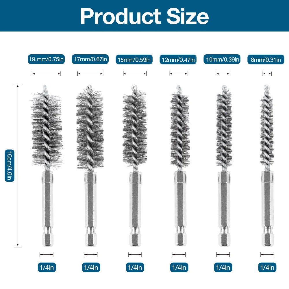6/12-Piece Stainless Steel Wire Brush Set – 1/4" Hex Shank