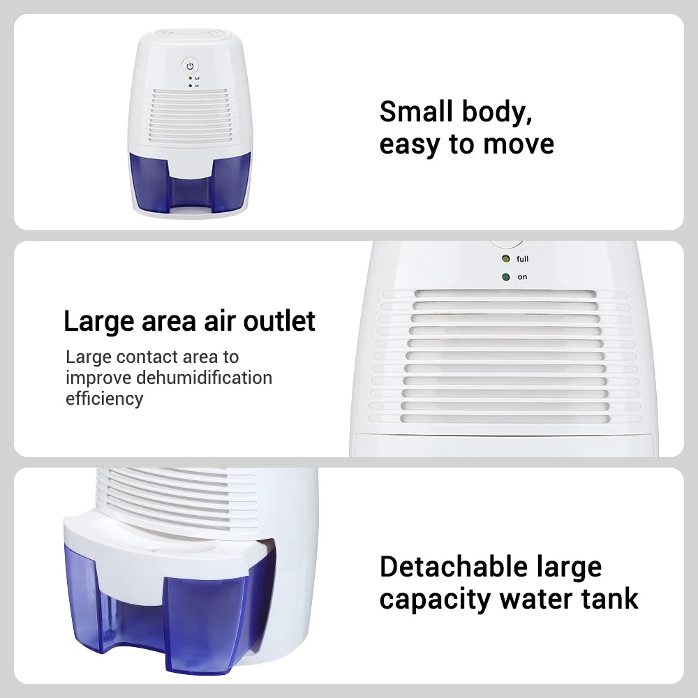 Small portable dehumidifier for home, quiet bedroom damp remover with auto shut-off
