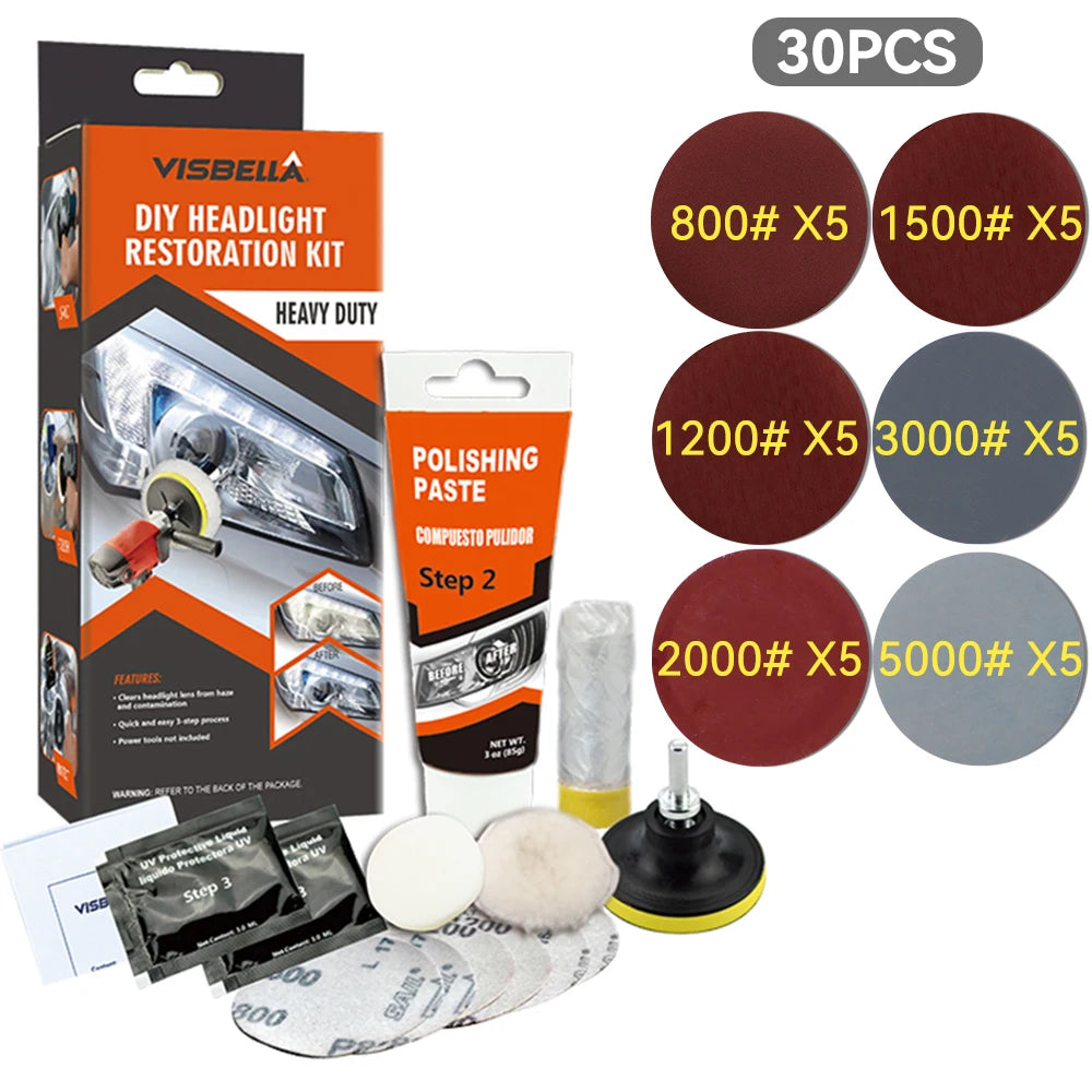 Car Headlight Restoration Kit with Polishing Paste, Sanding & Wax