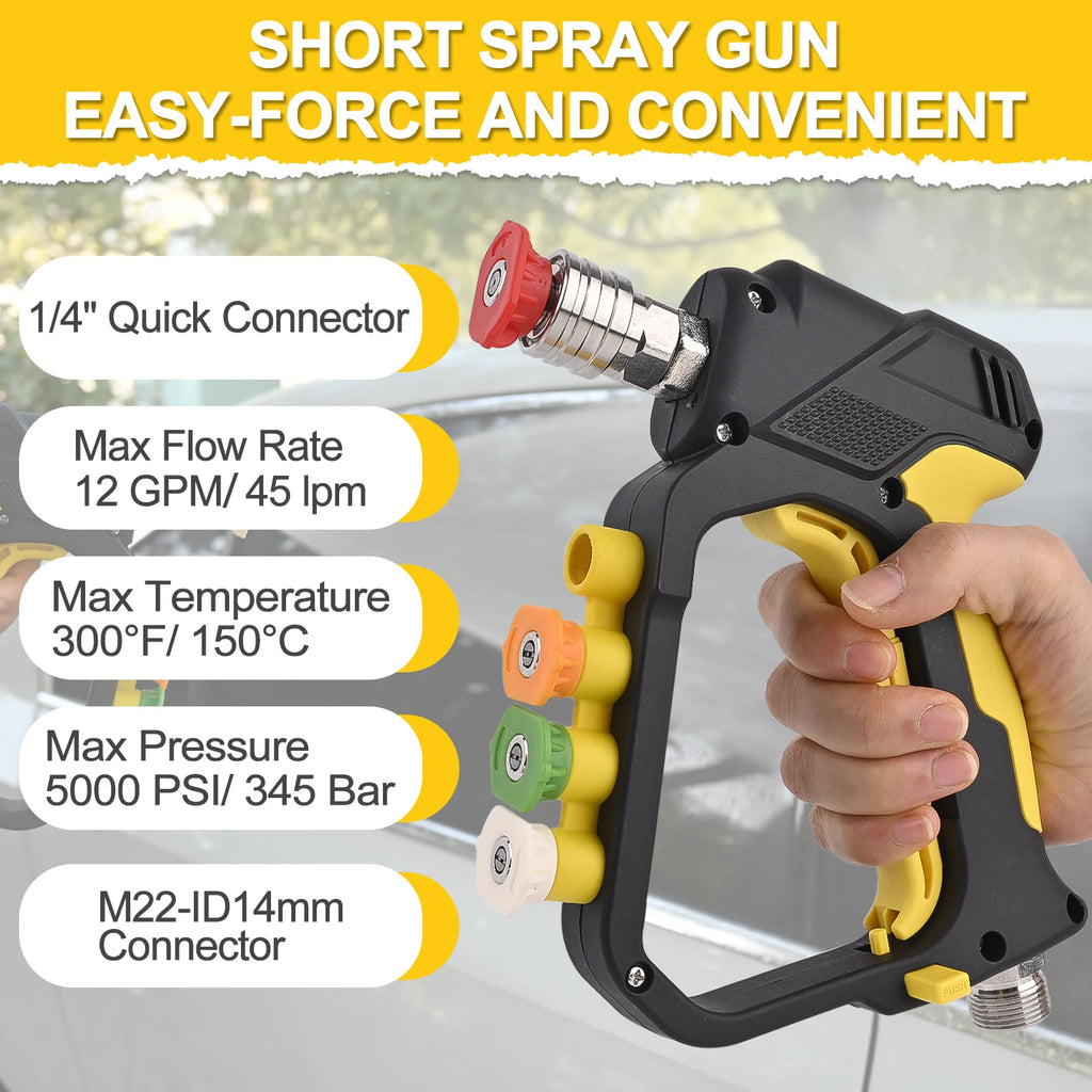 Short High Pressure Washer Spray Gun, Max 5000 PSI, M22-14mm Inlet, 1/4-Inch Quick Connector, Nozzle Holder