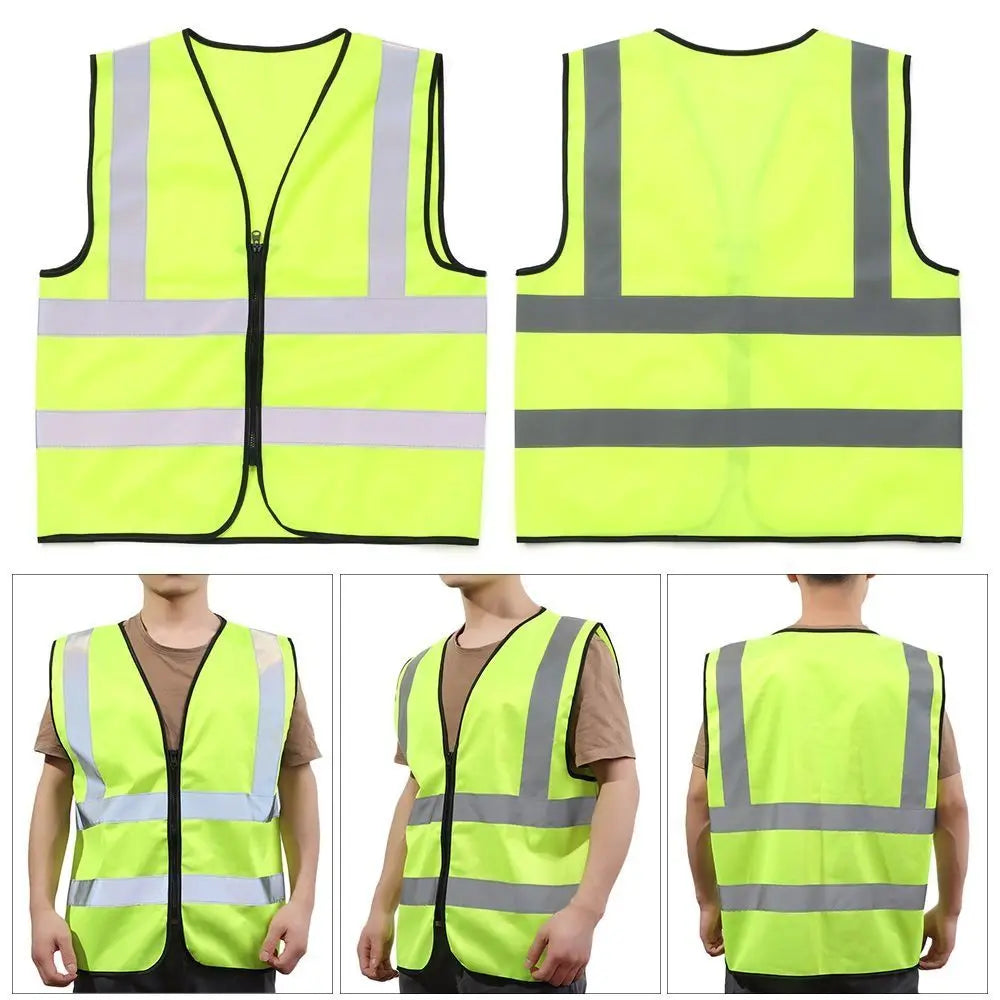 Durable High Visibility Safety Vest with Reflective Strips and Zipper Front