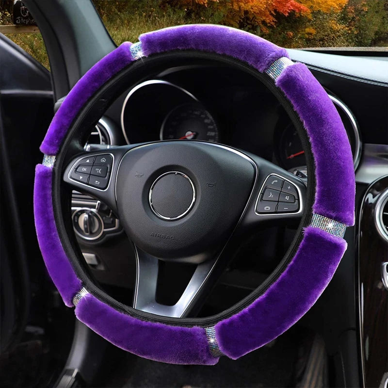 Plush Steering Wheel, Gearshift & Handbrake Cover Set with Rhinestones