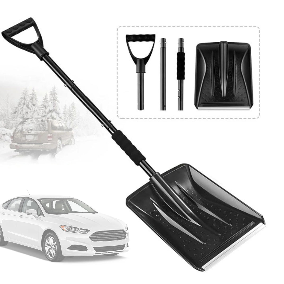 Snow Shovel with Adjustable Length D-Grip Handle Driveway Scoop Shovel for Car Snow Removal Portable for Home Garage Garden Camp
