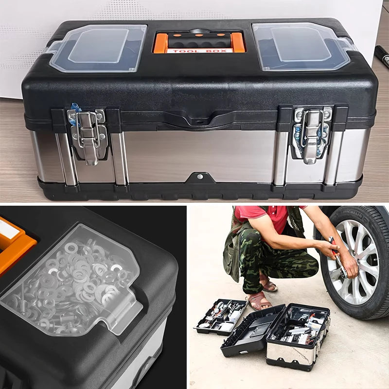 14/17in Tool Box Double Layer Hardware Storage Toolbox Stainless Steel Tool Box Metal Tool Bucket Portable Tool Box Organizer