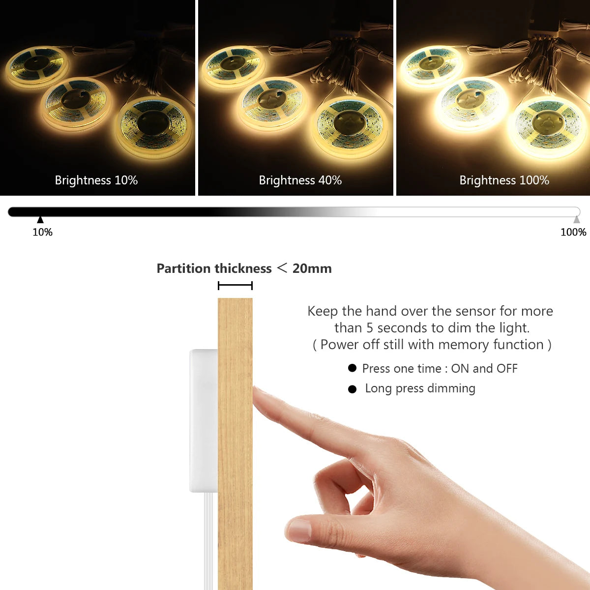 COB LED Cabinet Strip Light with Touch Dimmer & Motion Sensor