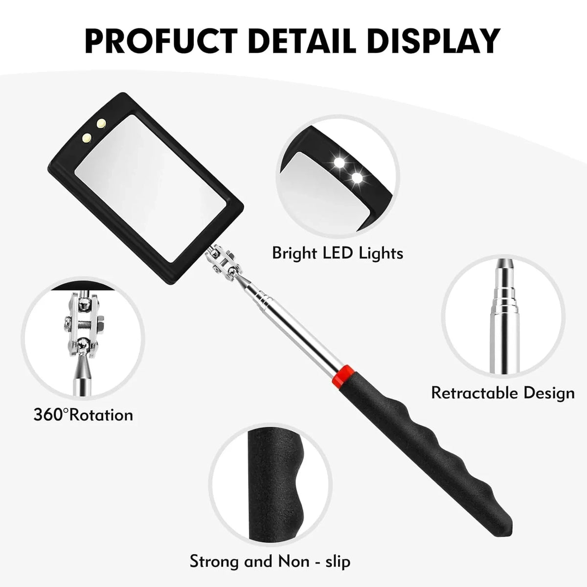 Car 360° Inspection Mirror LED Light Telescopic Inspection Mirror for Check The Condition of Vehicle Automotive Repairs Tools